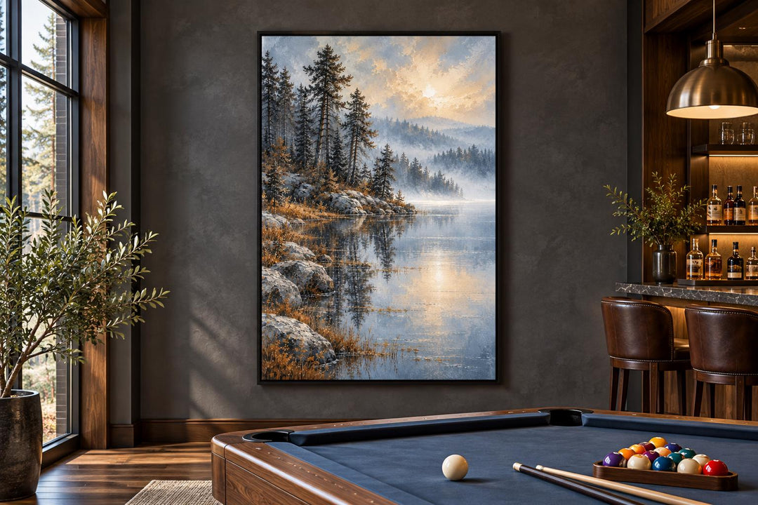 Silver Blue Lake and Forest Landscape framed canvas wall art hanging in a modern game room.