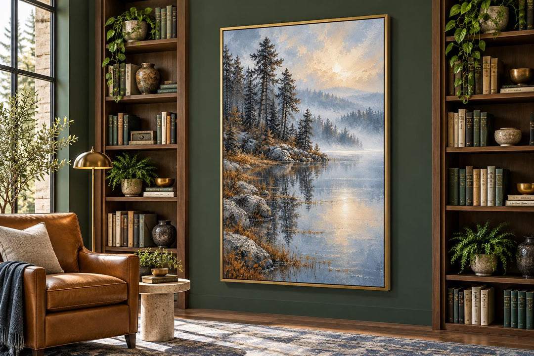 Silver Blue Lake and Forest Landscape framed canvas wall art in a green room with bookshelves.