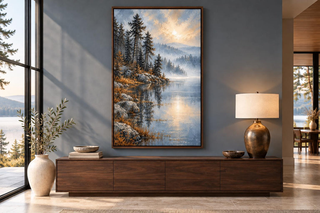 Silver Blue Lake and Forest Landscape Framed Canvas Wall Art hanging above a dark wood sideboard.
