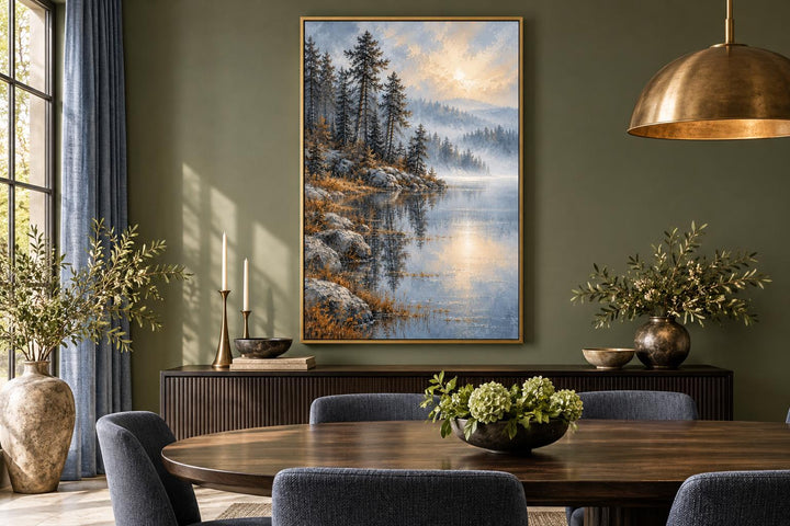 Silver Blue Lake and Forest Landscape framed canvas wall art hanging in a modern dining room.