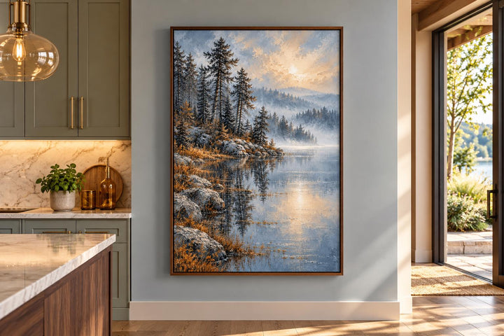 Silver Blue Lake and Forest Landscape framed canvas wall art hanging in a modern kitchen setting.