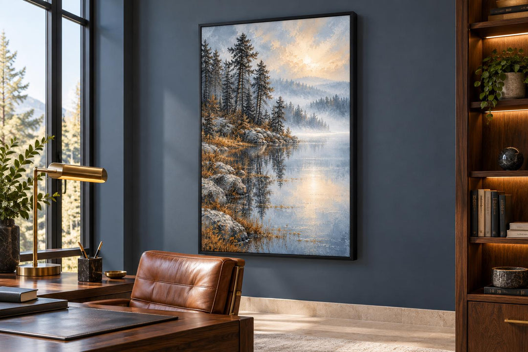 Silver Blue Lake and Forest Landscape Framed Canvas Wall Art in a dark blue office setting.