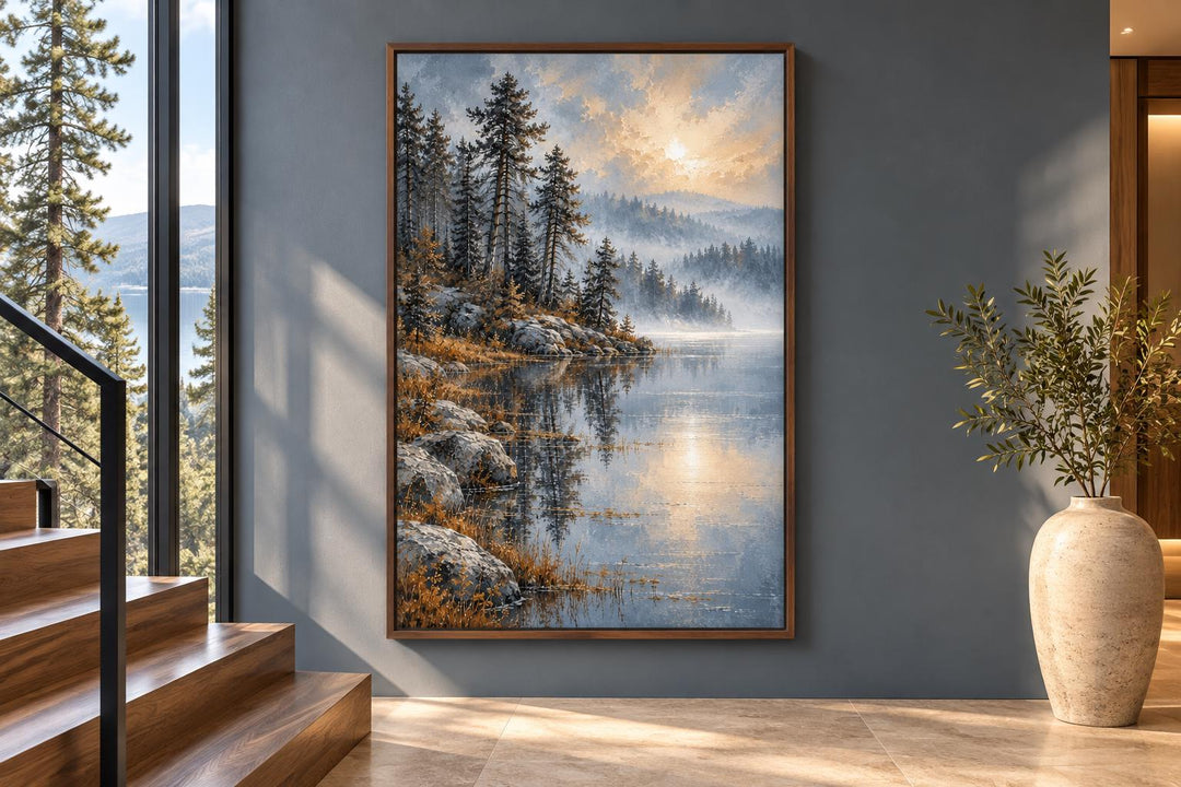 Silver Blue Lake and Forest Landscape framed canvas wall art hanging on a gray interior wall.