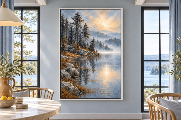 Silver Blue Lake and Forest Landscape Framed Canvas Wall Art hanging on a blue wall between windows.