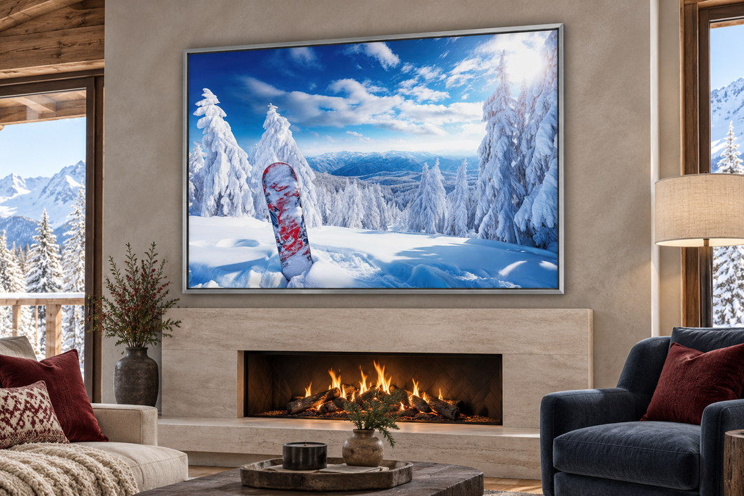 Snowboard in snowy mountains winter framed canvas wall art hanging above a modern fireplace.