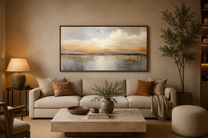 Silver and gold abstract ocean sunset framed canvas wall art hanging above a beige sofa.