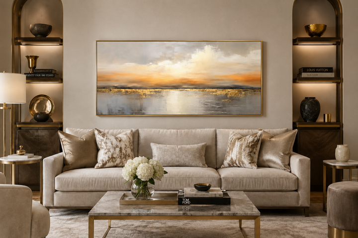 Silver and gold abstract ocean sunset framed canvas wall art hanging above a beige sofa.