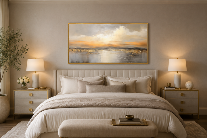 Silver and gold abstract ocean sunset framed canvas wall art hanging above a bed in a bedroom.
