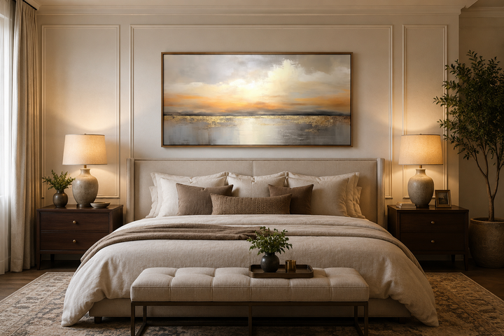Silver and gold abstract ocean sunset framed canvas wall art hanging above a bed in a bedroom.