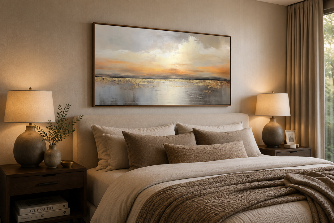 Silver and gold abstract ocean sunset framed canvas wall art hanging above a bed in a bedroom.