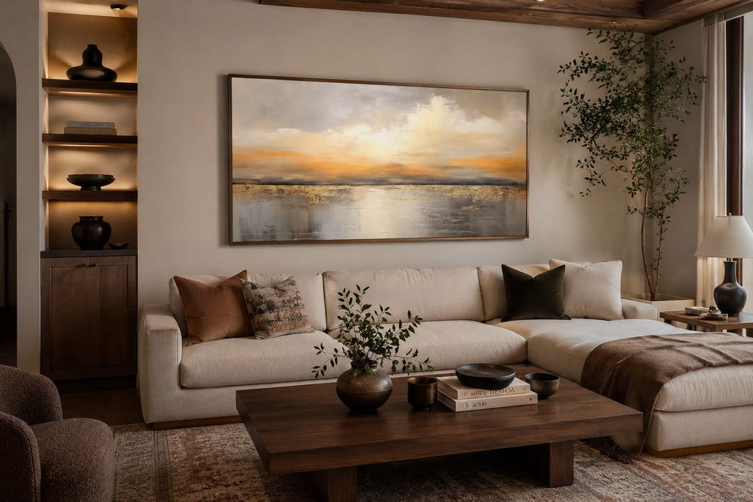 Silver and gold abstract ocean sunset framed canvas wall art hanging above a cream sofa.
