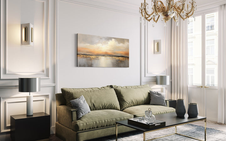 Silver Gold Abstract Ocean Sunset Living Room Framed Canvas Wall Art in living room