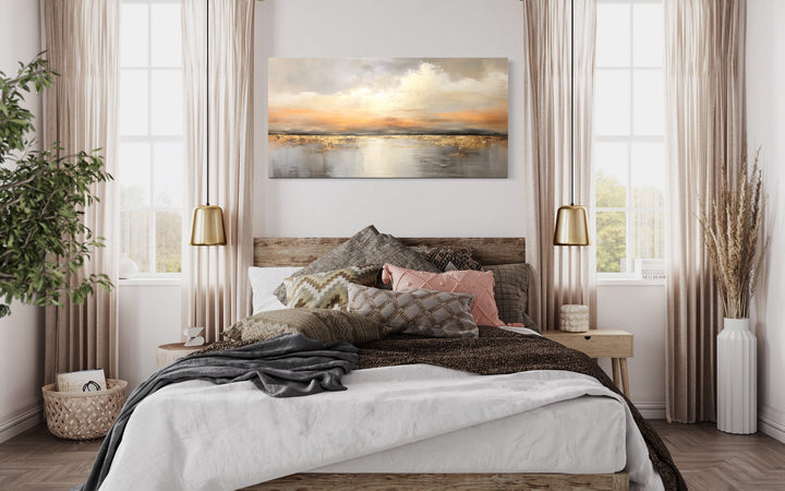 Silver Gold Abstract Ocean Sunset Framed Canvas Wall Art in bedroom