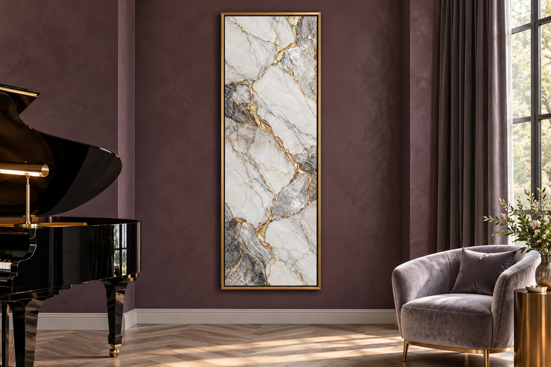 Vertical tall slim wall art with ivory, silver, and gold marble patterns in a gold frame.