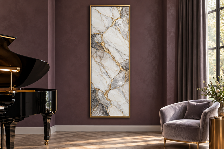 Vertical tall slim wall art with ivory, silver, and gold marble patterns in a gold frame.