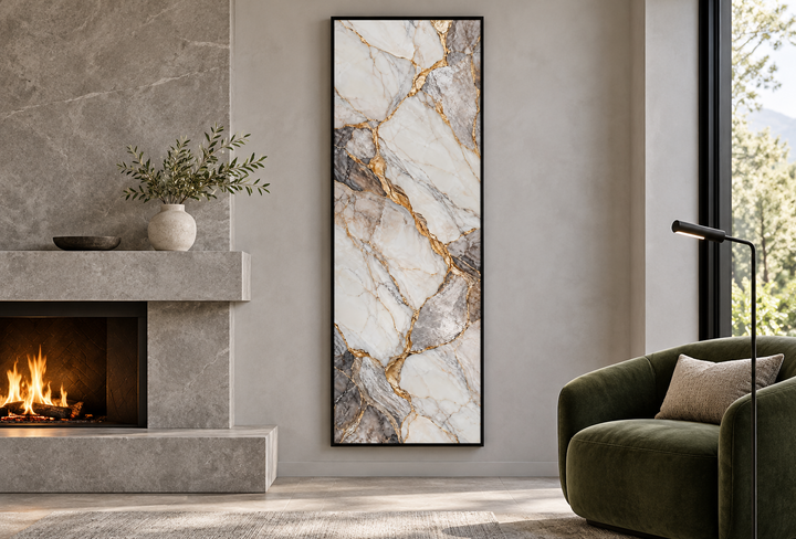 Vertical tall slim wall art with ivory, silver, and gold marble patterns in a modern living room.