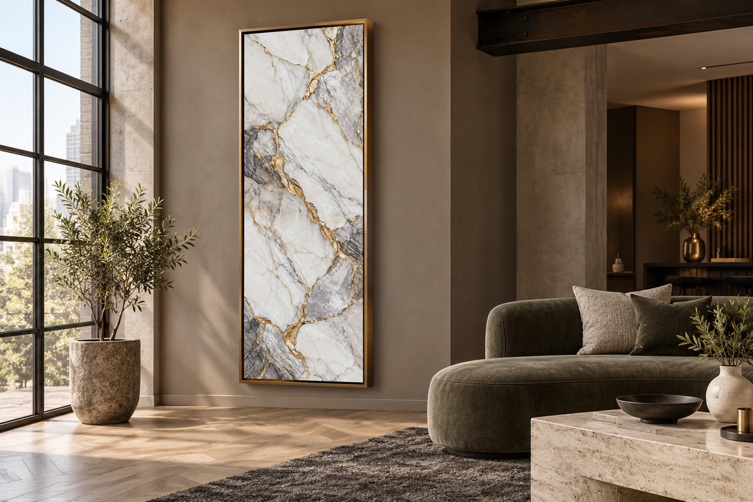Vertical tall slim wall art with ivory, silver, and gold marble patterns in a gold frame.