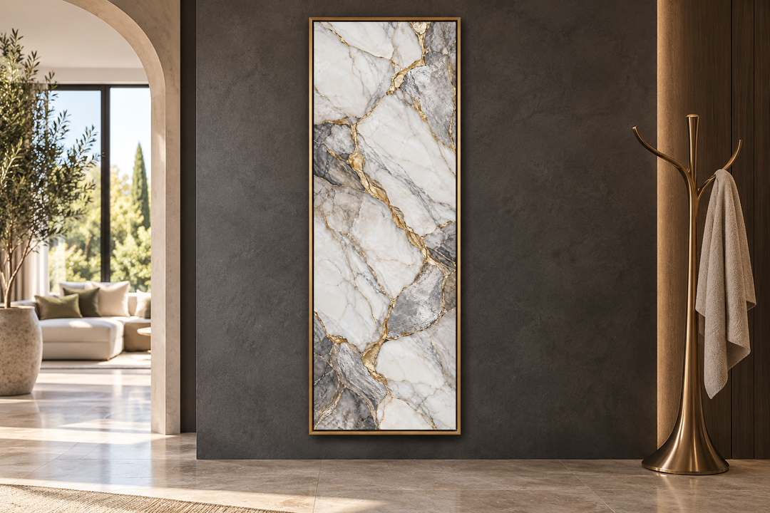Vertical tall slim wall art with ivory, silver, and gold marble patterns in a gold frame.