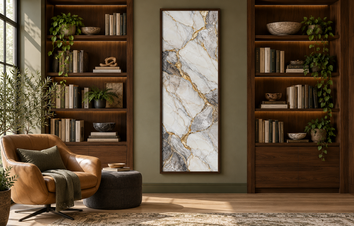 Vertical silver and gold marble wall art in a tall slim frame between two walnut bookshelves.