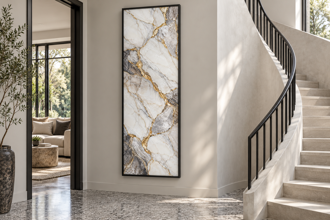 Vertical silver and gold marble canvas art with ivory formations and gray veins in a black frame.
