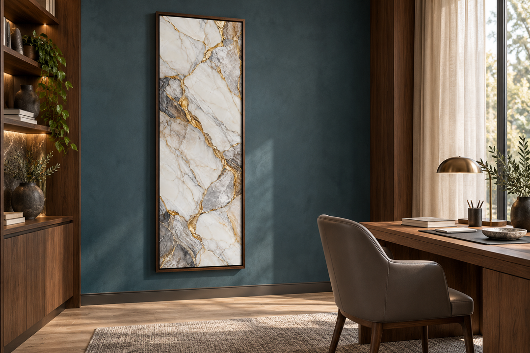 Vertical silver and gold marble canvas wall art with ivory and gray veining in a modern study.