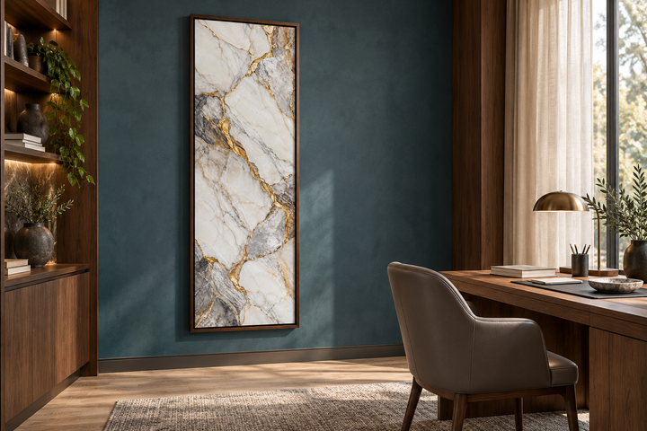Vertical silver and gold marble canvas wall art with ivory and gray veining in a modern study.