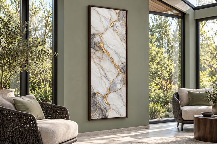 Vertical silver and gold marble wall art with ivory formations and smoky gray veins in a wood frame.