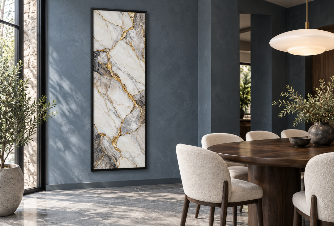 Vertical silver and gold marble wall art with ivory formations and gold veins in a black frame.