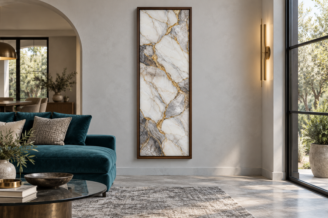 Vertical tall slim wall art featuring ivory marble with smoky gray and gold-toned mineral veining.