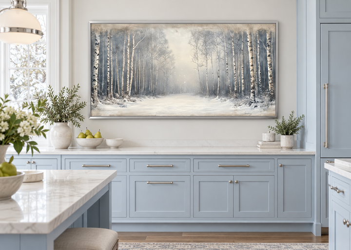 Birch Trees Forest In Winter rustic framed canvas wall art displayed in a light blue kitchen.