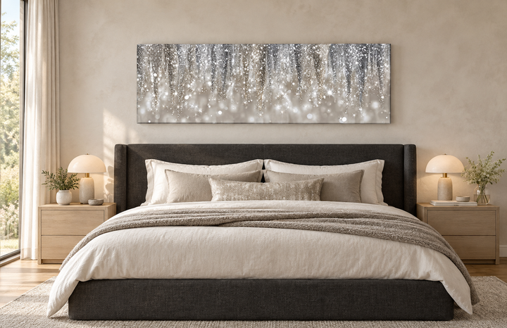 Silver Beige Abstract Rain Canvas Print, a modern horizontal wall art piece above a dark bed frame.