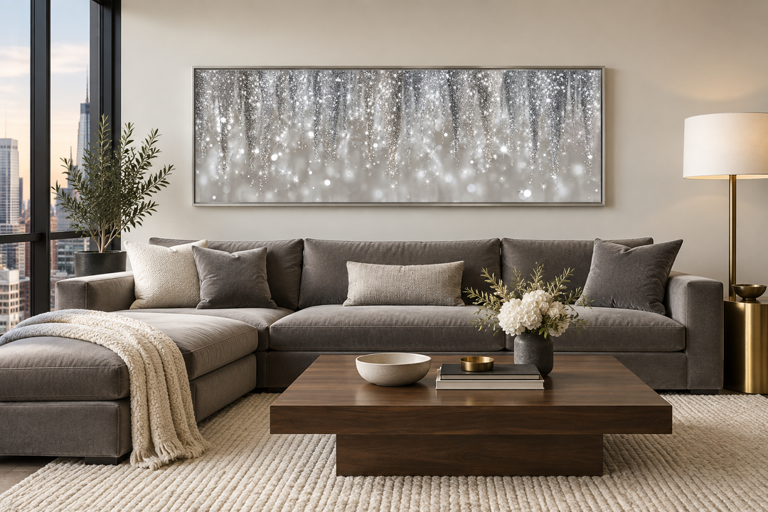 Modern horizontal canvas print of abstract silver and beige rain above a gray sectional sofa.