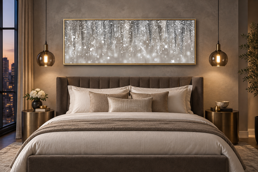 Horizontal canvas print featuring abstract silver and beige rain streaks above a bedroom headboard.
