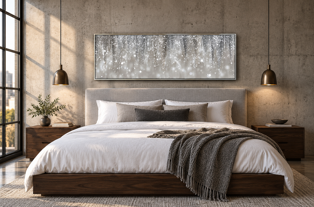 Silver Beige abstract rain canvas print in a modern bedroom above a bed with neutral bedding.