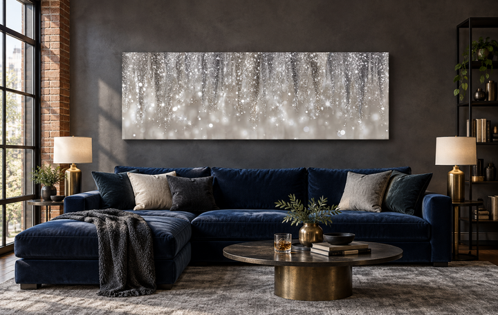 Modern horizontal canvas print featuring abstract silver and beige rain patterns over a blue sofa.