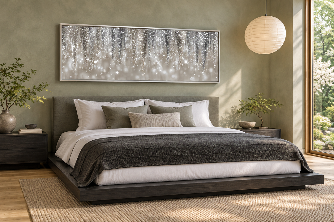 Silver Beige Abstract Rain Wall Art, a modern horizontal canvas print above a bed in a bedroom.