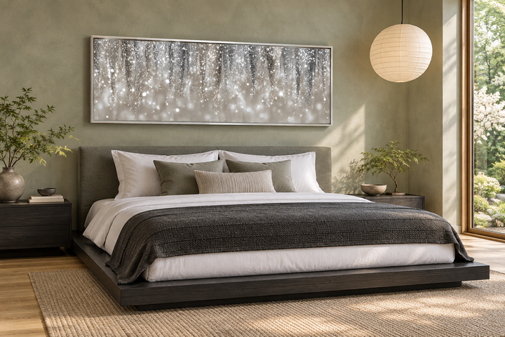 Silver Beige Abstract Rain Wall Art, a modern horizontal canvas print above a bed in a bedroom.