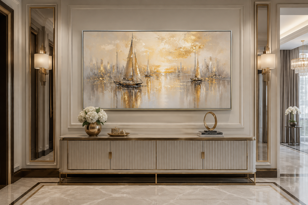 Abstract silver and gold sailboat painting on canvas in a modern framed coastal wall art style.