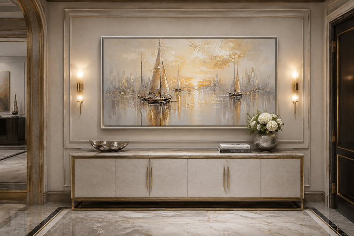Abstract silver and gold sailboat painting on canvas in a modern framed coastal style.