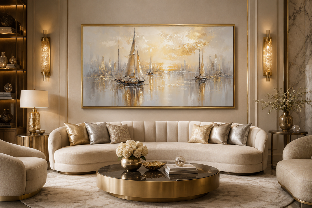 Abstract silver and gold sailboat painting in a gold frame above a modern curved sofa.