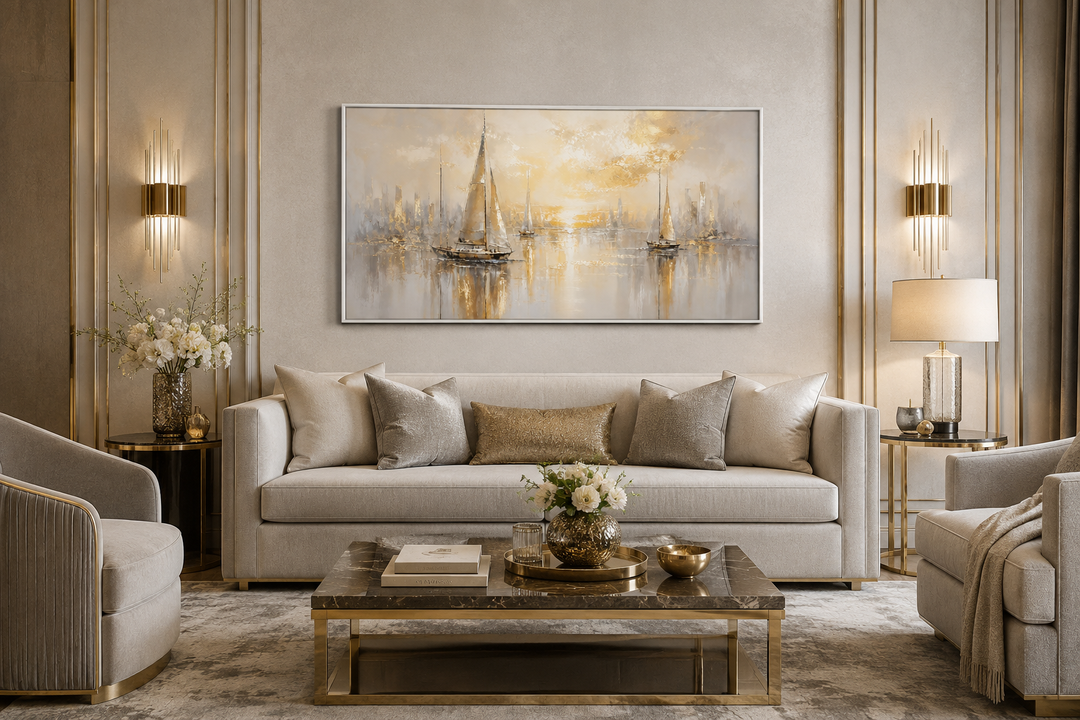 Abstract silver and gold sailboat painting on a framed canvas above a modern living room sofa.