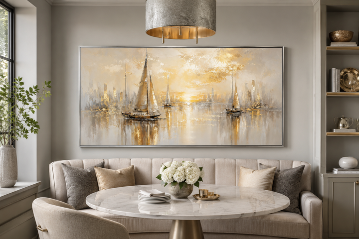 Abstract silver and gold sailboat painting on a framed canvas above a dining nook.