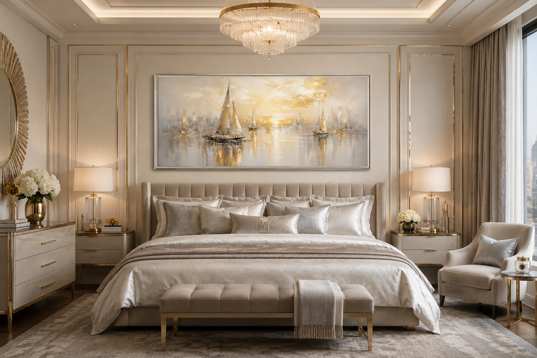 Abstract silver and gold sailboat painting on canvas in a modern bedroom setting.