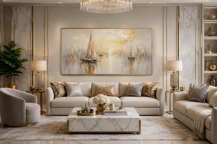 Abstract silver and gold sailboat painting on canvas in a gold frame above a beige sofa.