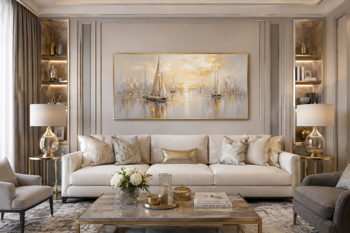 Abstract silver and gold sailboat painting in a gold frame above a white sofa in a living room.