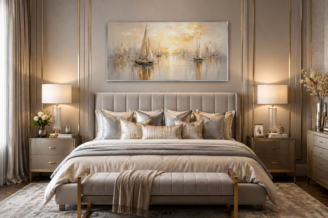 Abstract silver and gold sailboat painting on a framed canvas above a bed in a modern bedroom.