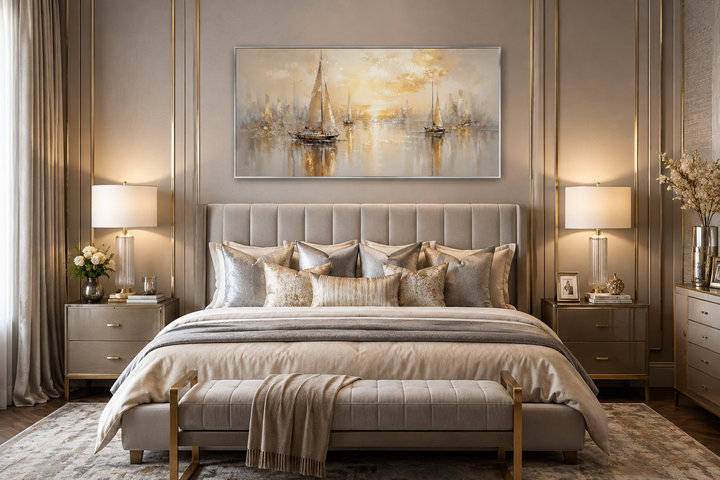 Abstract silver and gold sailboat painting on a framed canvas above a bed in a modern bedroom.