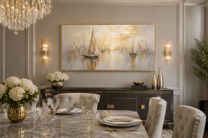 Abstract silver and gold sailboat painting in a gold frame above a dark sideboard in a dining room.