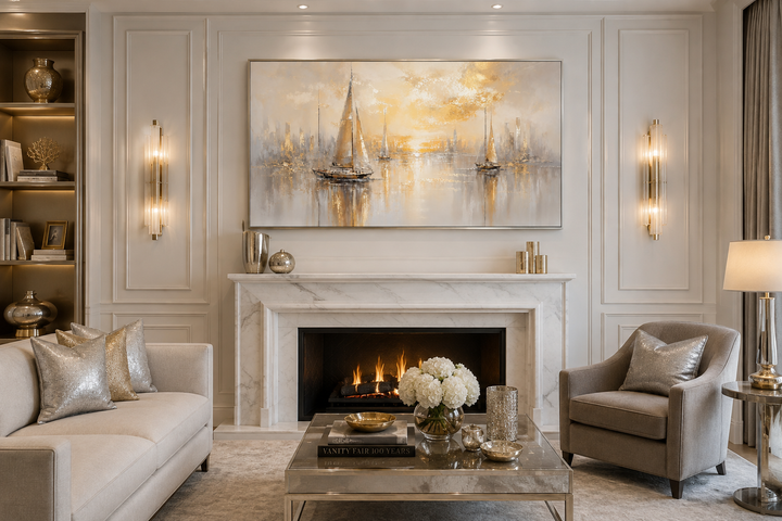 Abstract silver and gold sailboat painting on canvas above a white marble fireplace in a room.