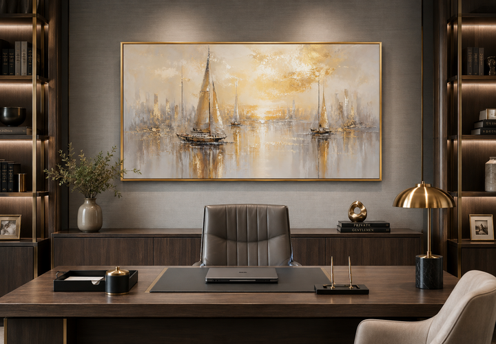 Abstract silver and gold sailboat painting in a gold frame above a dark wood office desk.